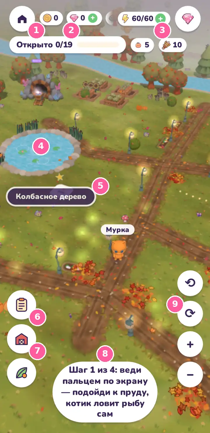 Экран Котофермы с пронумерованными кнопками